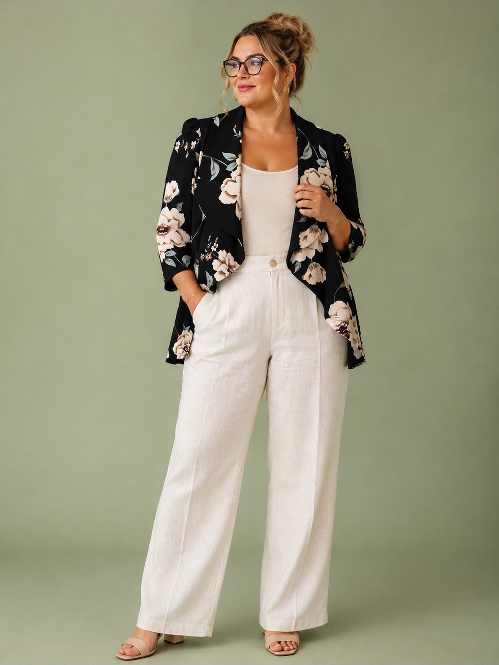 SHEIN Black Floral Open-Front Blazer with Cream Blooms